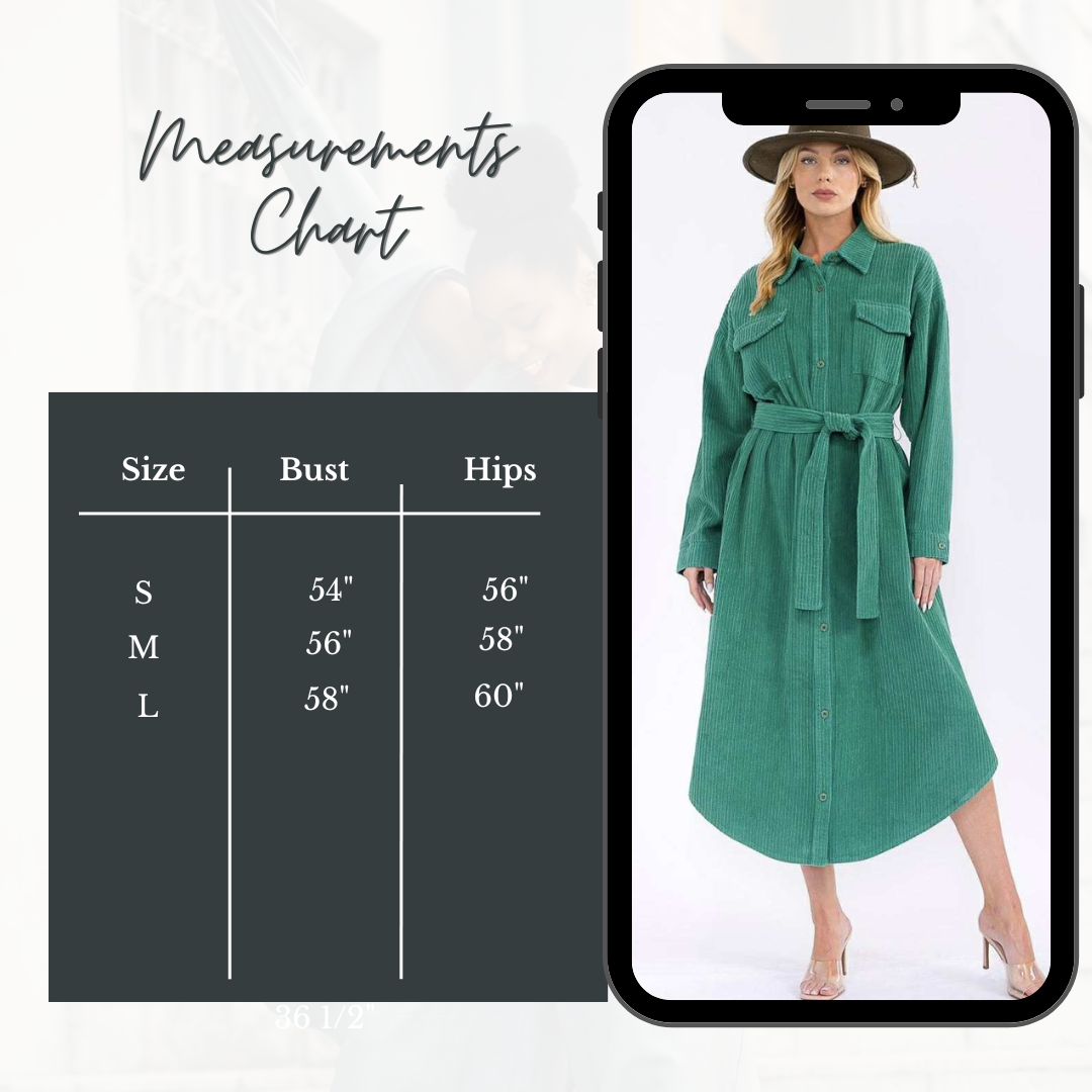 NEW! "Georgia"  "OVERSIZED" Green Corduroy Shirt Dress: S-L