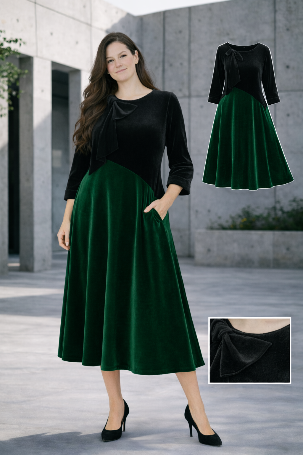 Green/Black Velvet Dress! M-3X. FINAL SALE! Cannot Be Returned!