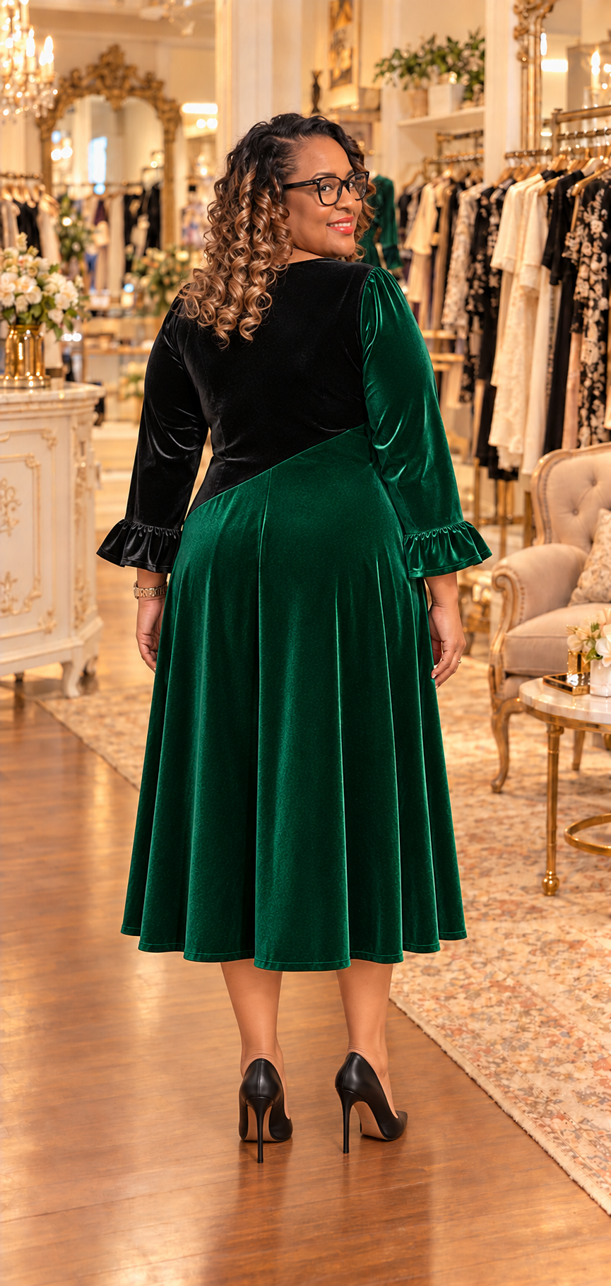 Green/Black Velvet Dress! M-3X. FINAL SALE! Cannot Be Returned!