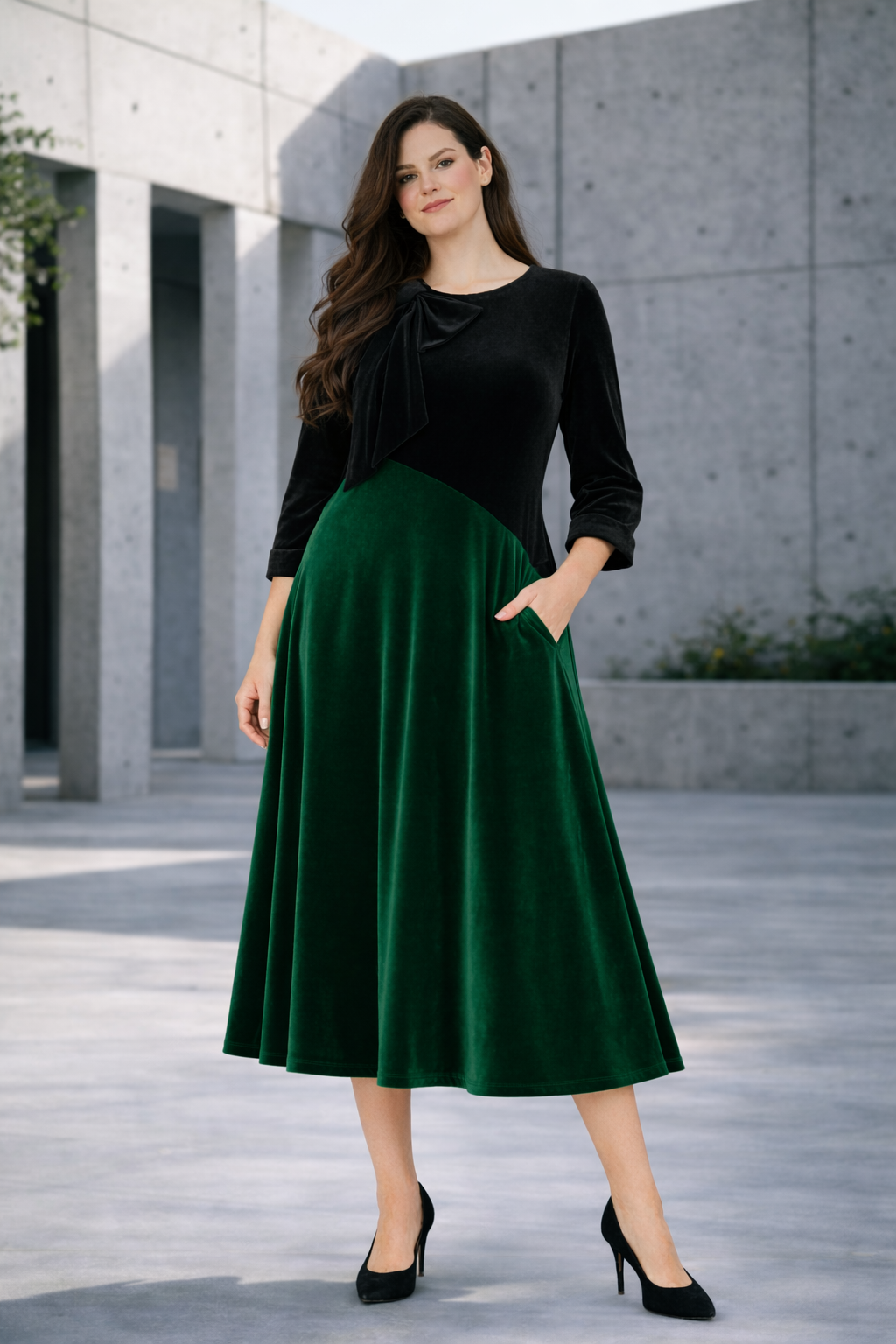 Green/Black Velvet Dress! M-3X. FINAL SALE! Cannot Be Returned!