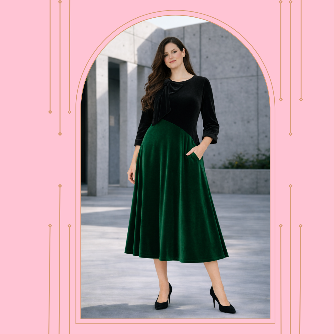 Green/Black Velvet Dress! M-3X. FINAL SALE! Cannot Be Returned!