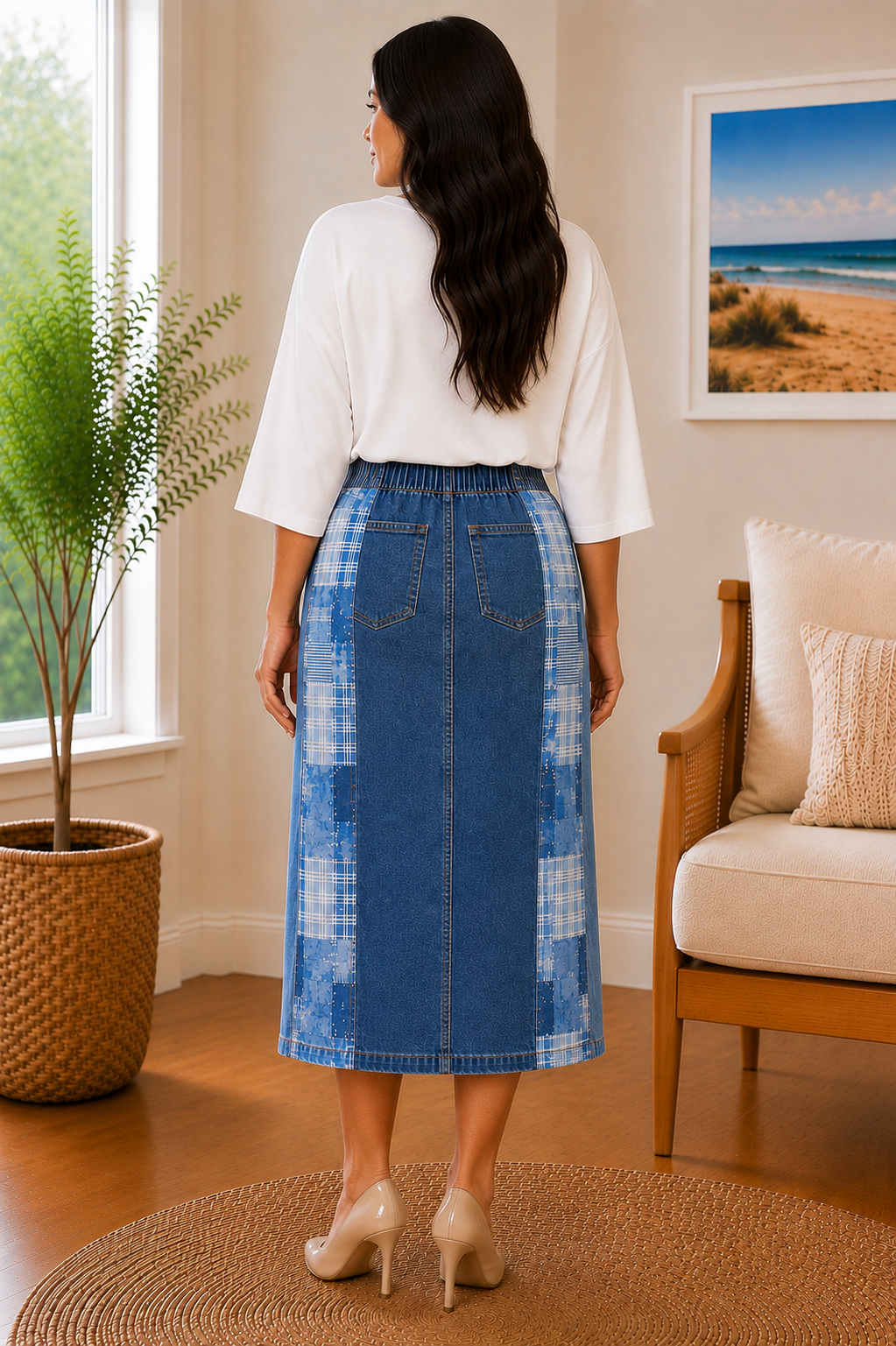 NEW! Blue Patchwork Elastic Waist Jean Skirt- S-5X (Length: 27")