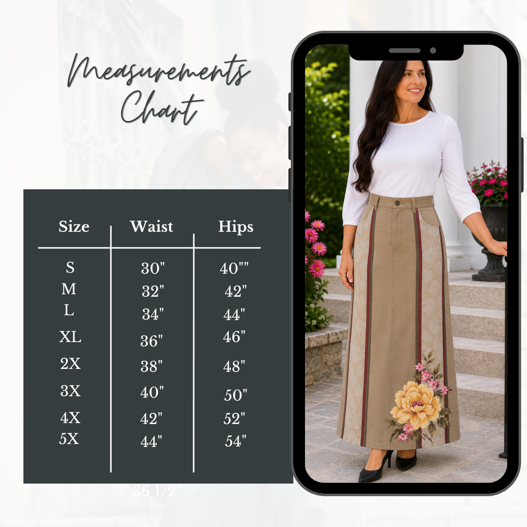NEW! Khaki/Floral "Boutique" Maxi Jean Skirt: S-5X