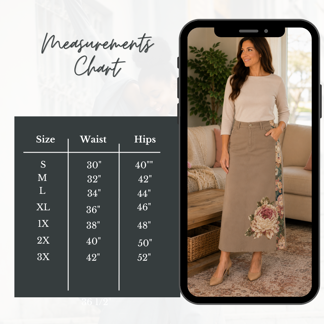 NEW! Khaki/Floral "Boutique" Maxi Jean Skirt: S-5X