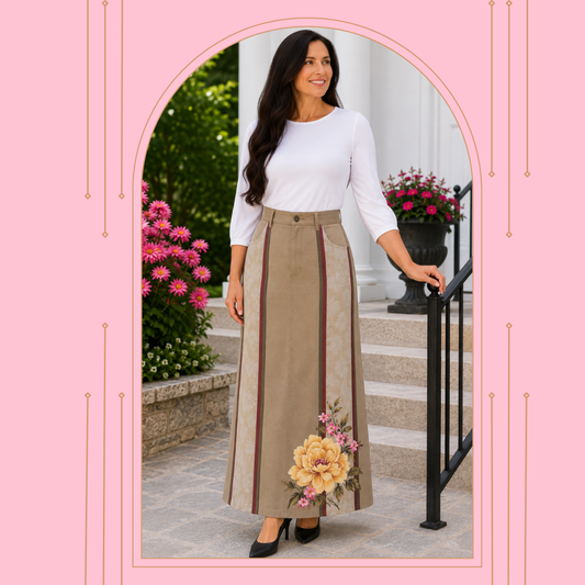 NEW! Khaki/Floral "Boutique" Maxi Jean Skirt: S-5X