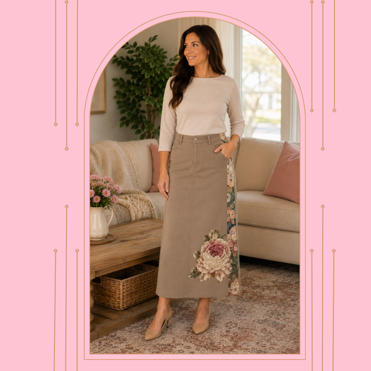 NEW! Khaki/Floral "Boutique" Maxi Jean Skirt: S-5X