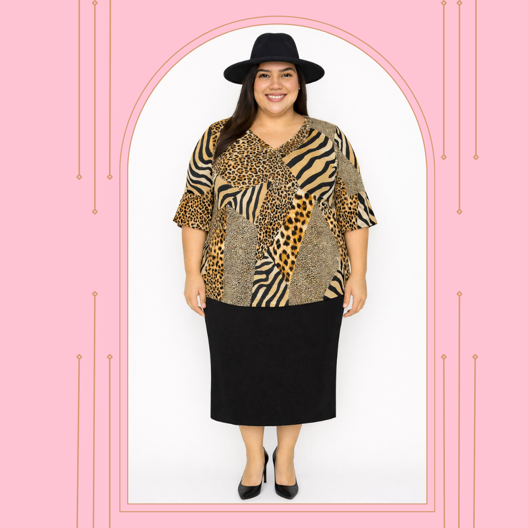 Leopard Print Ruffle Sleeve Top: 4X-5X FINAL SALE! Cannot Be Returned!