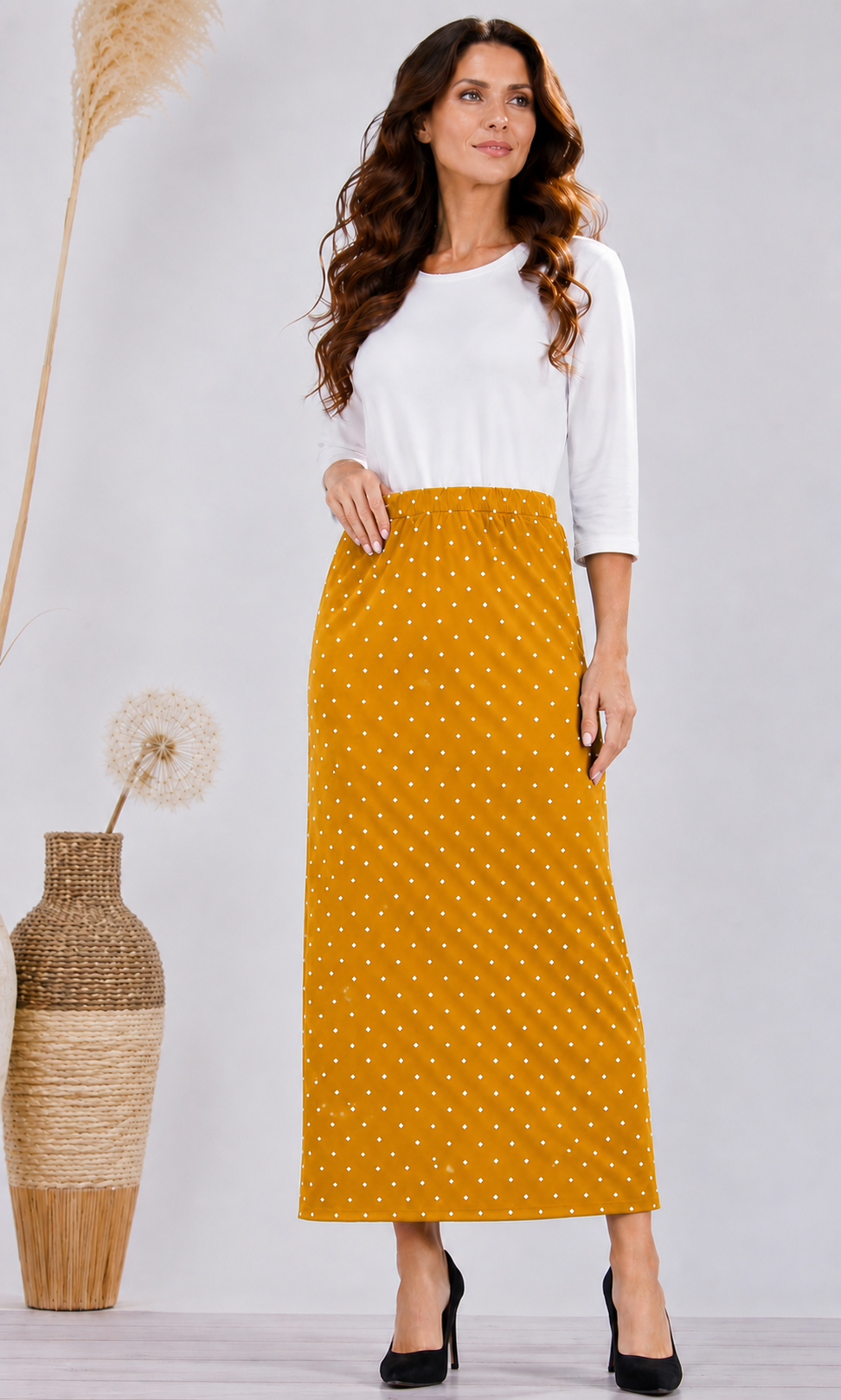 Pre-Order:  Mustard Polka Dot Maxi Skirt: S-3X  Arriving In Stock: Late July