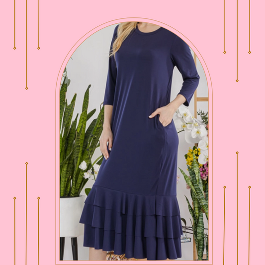 Navy Ruffle Hem Dress: S-3X