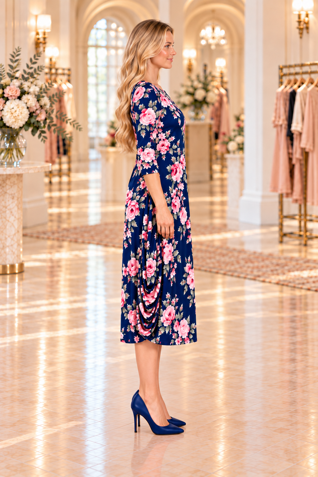 NEW! "Carolina" Navy/Roses Floral Print Dress: S-XL (Generous Fit!)