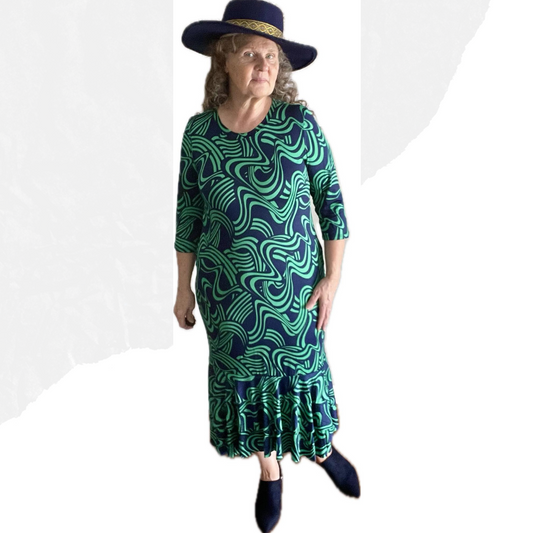 Navy/Green Swirl Ruffle Dress: S-3X  Final Sale! Cannot Be Returned!