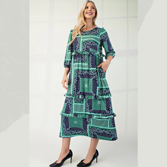 PATCHWORK MIDI DRESS WITH POCKETS : Navy/Green Paisley : S-3X  Arriving In Stock: November 16