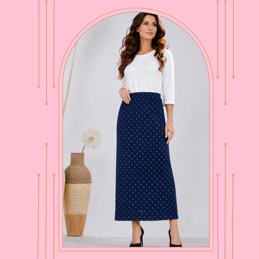 Pre-Order: Navy Polka Dot  Maxi Skirt: S-3X  Arriving In Stock: Late July