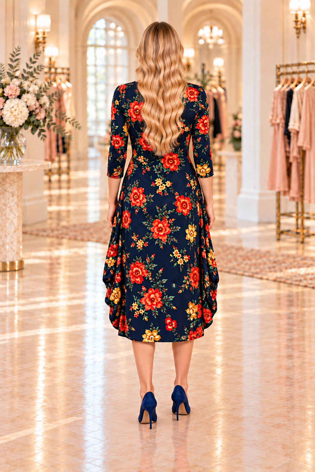 NEW! "Caroline" Navy/Orange Side Drape Dress: S-XL (Generous Fit!)
