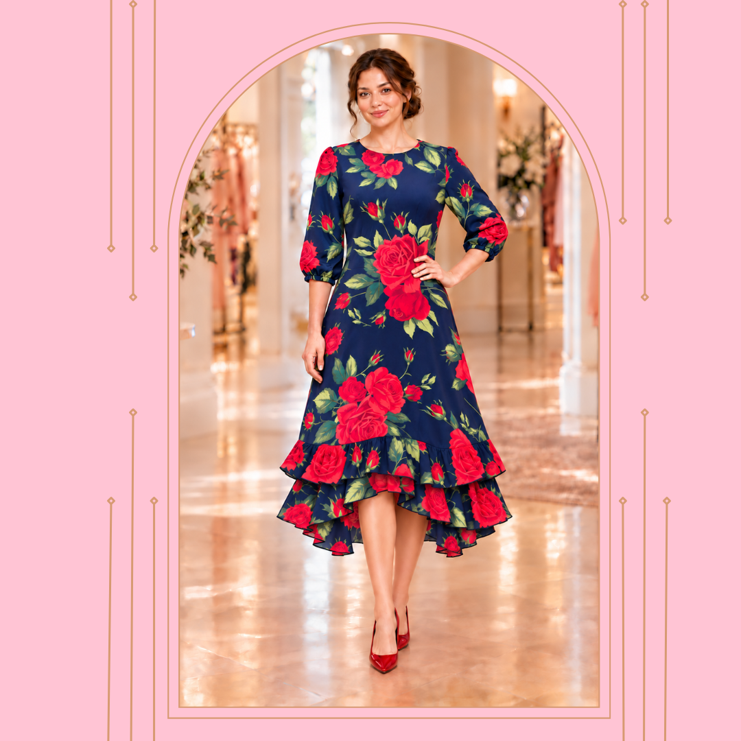 Pre-Order-New! "Scarlet" Navy/Red Roses Print Dress: S-3X (Arriving Late Oct)