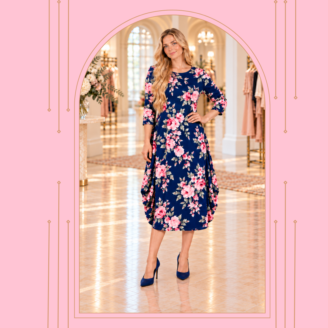 NEW! "Carolina" Navy/Roses Floral Print Dress: S-XL (Generous Fit!)