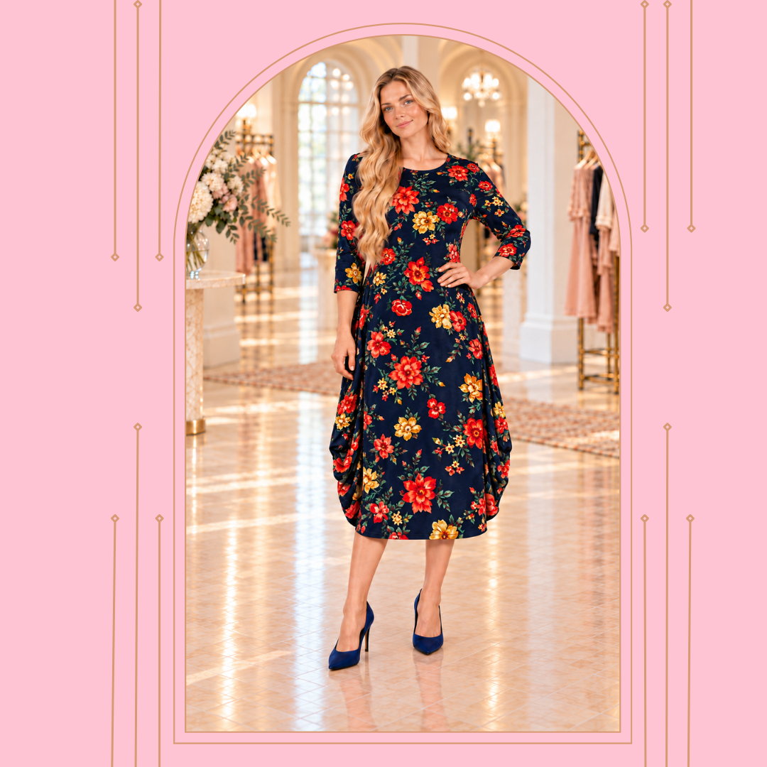NEW! "Caroline" Navy/Orange Side Drape Dress: S-XL (Generous Fit!)