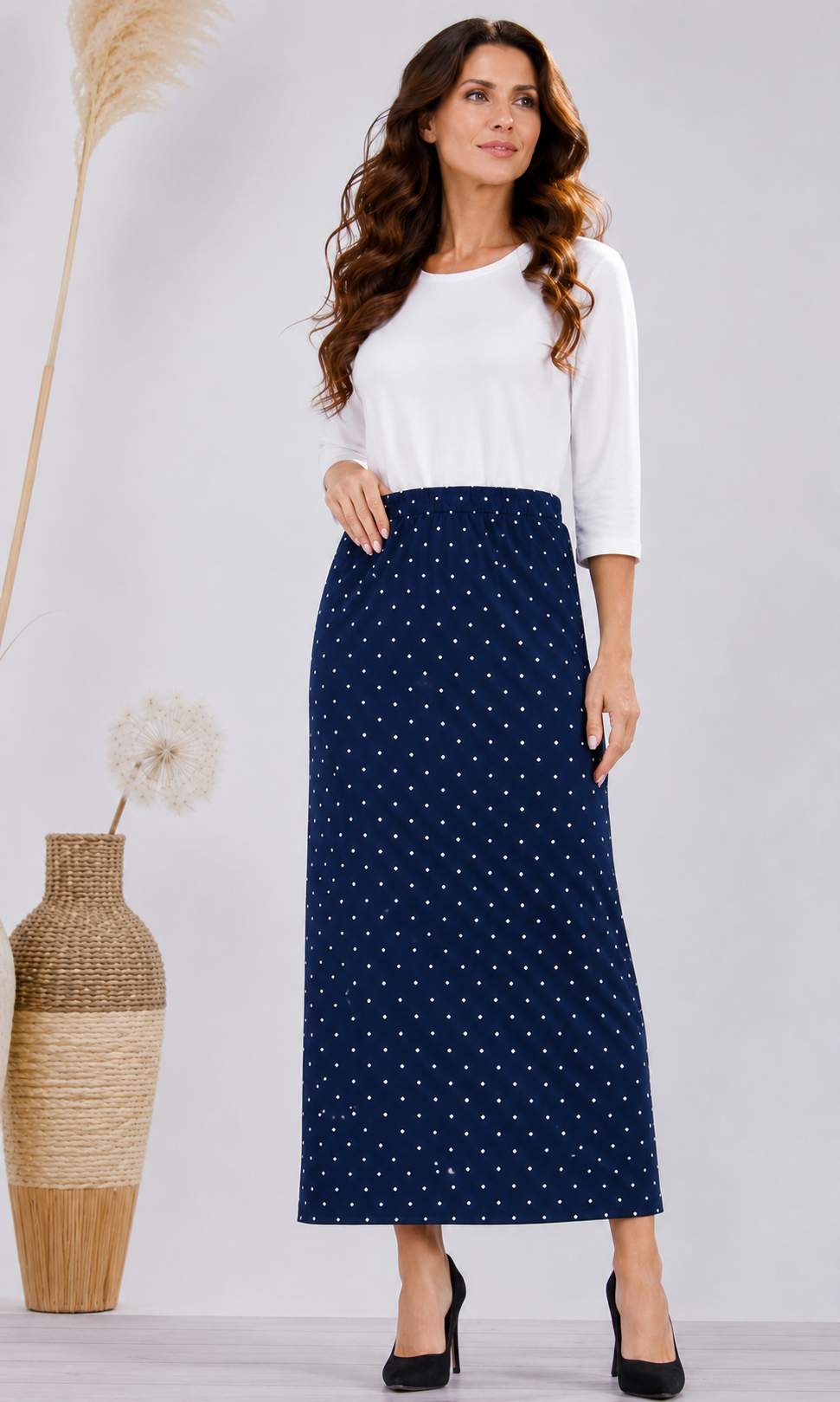 Pre-Order: Navy Polka Dot  Maxi Skirt: S-3X  Arriving In Stock: Late July