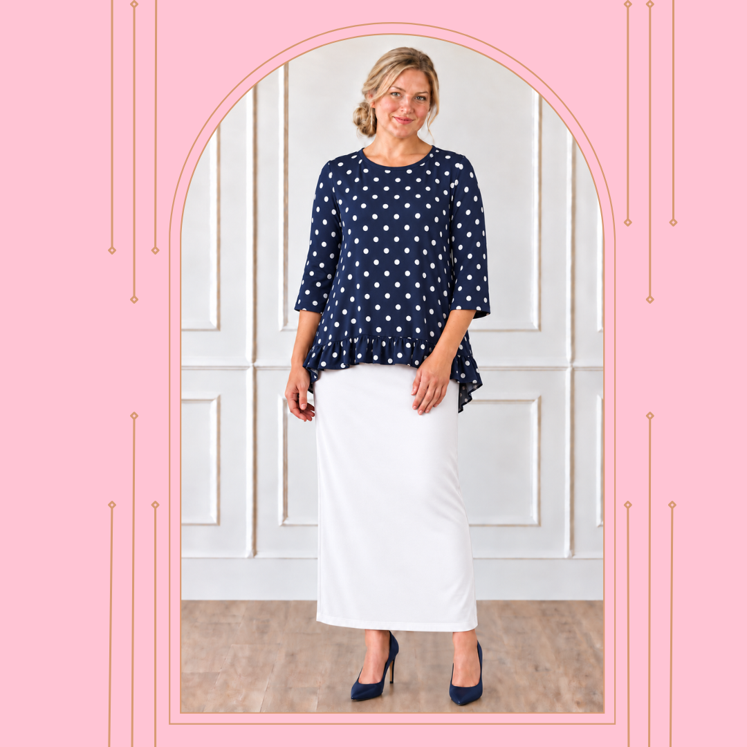 Navy/white Polka Dot Top With Ruffle Hem- 1X  (FINAL SALE! Cannot Be Returned!)