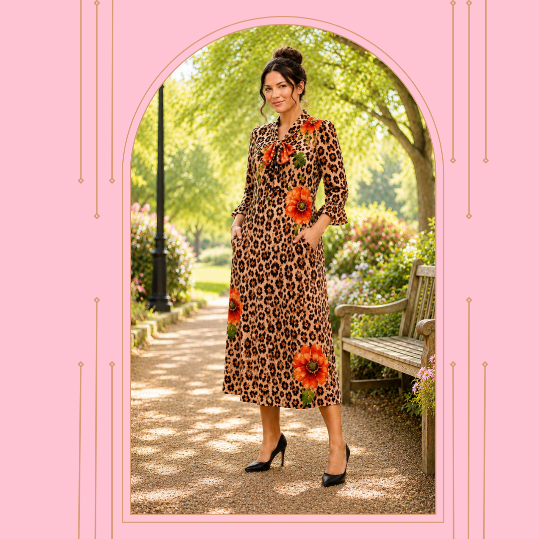 Pre-ORDER: NEW! "Camilla" Leopard/Floral Print Bow Dress: S-3X (Arriving In Stock: July 17)