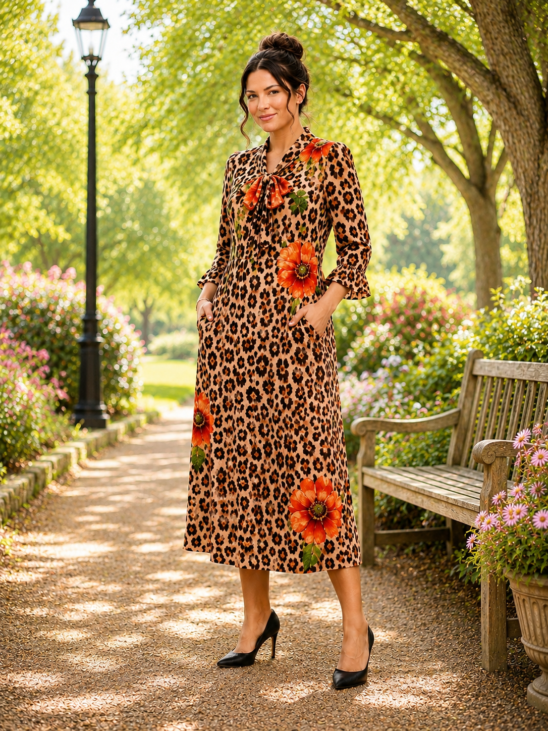 Pre-ORDER: NEW! "Camilla" Leopard/Floral Print Bow Dress: S-3X (Arriving In Stock: July 17)