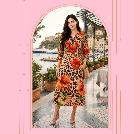 Pre-ORDER: NEW! "Camilla" Leopard/Floral Print Bow Dress: S-3X (Arriving In Stock: Mid to Late July)