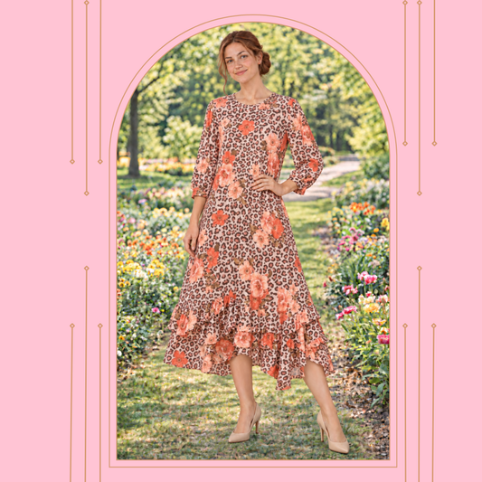 NEW!  "Georgia" Peach Leopard Dress: S-3X  Arriving in Stock: 10/2