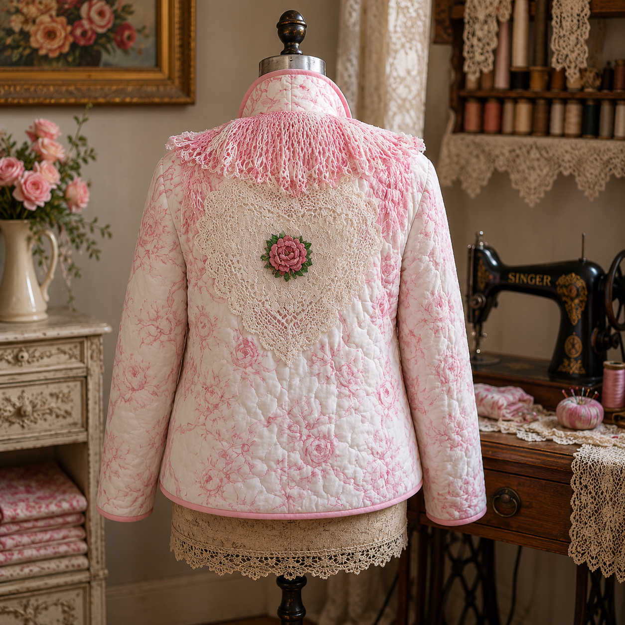 Pink "Bows" Quilted Jacket:  Size: 1X/2X  (One Of A Kind)