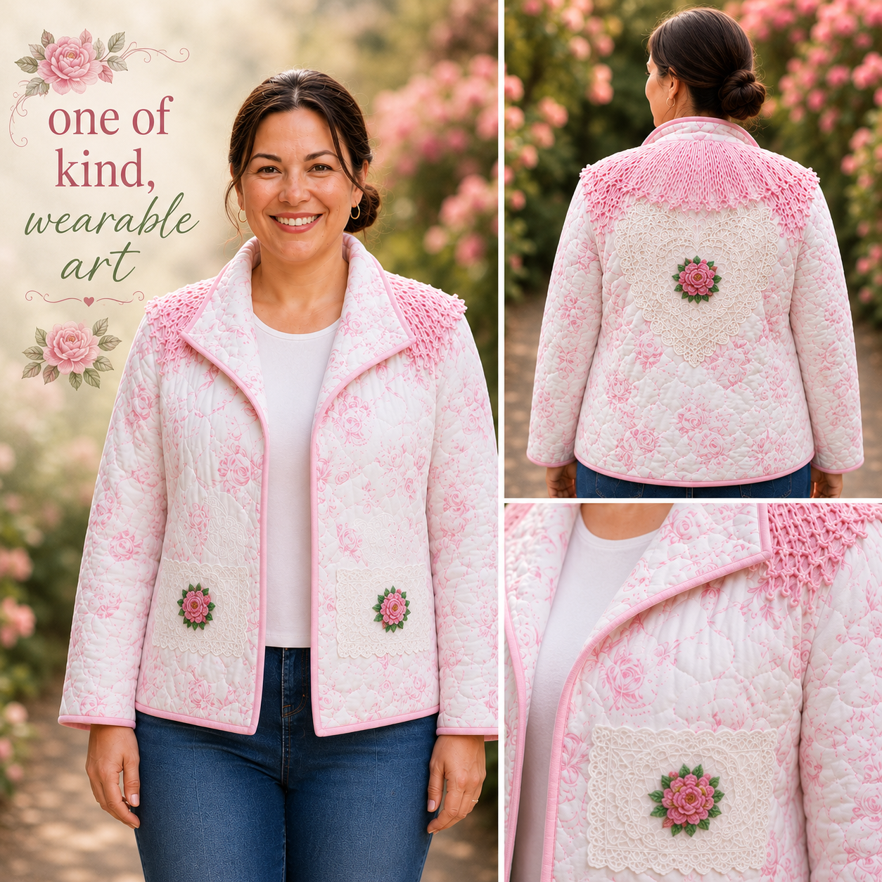 Pink "Bows" Quilted Jacket:  Size: 1X/2X  (One Of A Kind)