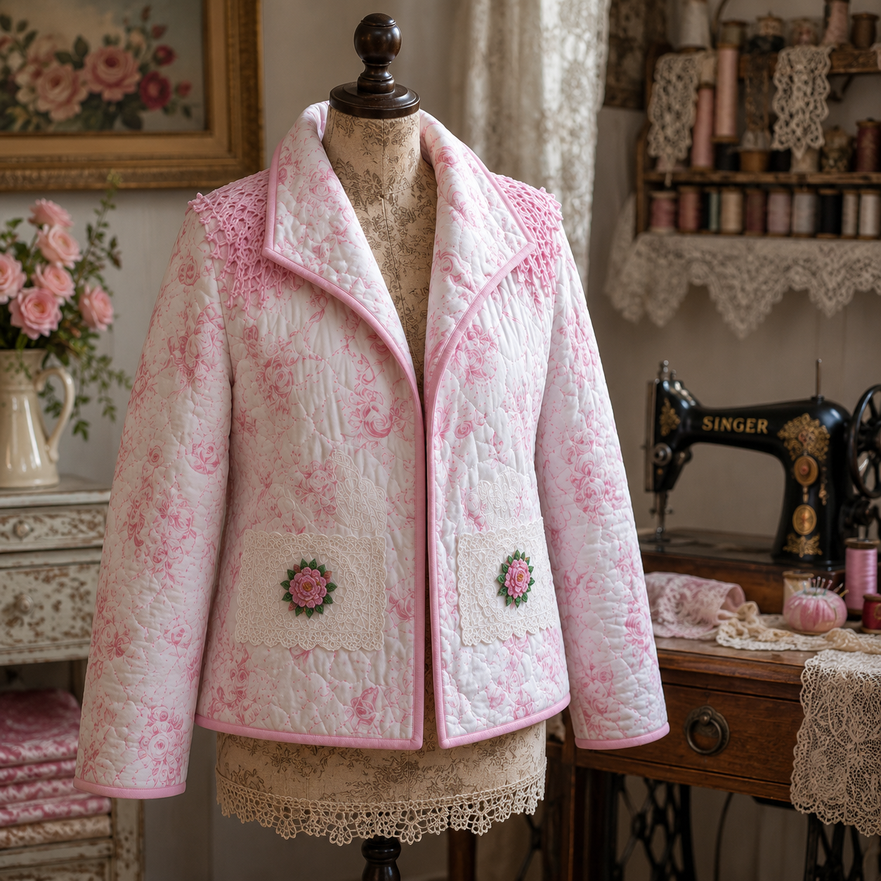 Pink "Bows" Quilted Jacket:  Size: 1X/2X  (One Of A Kind)