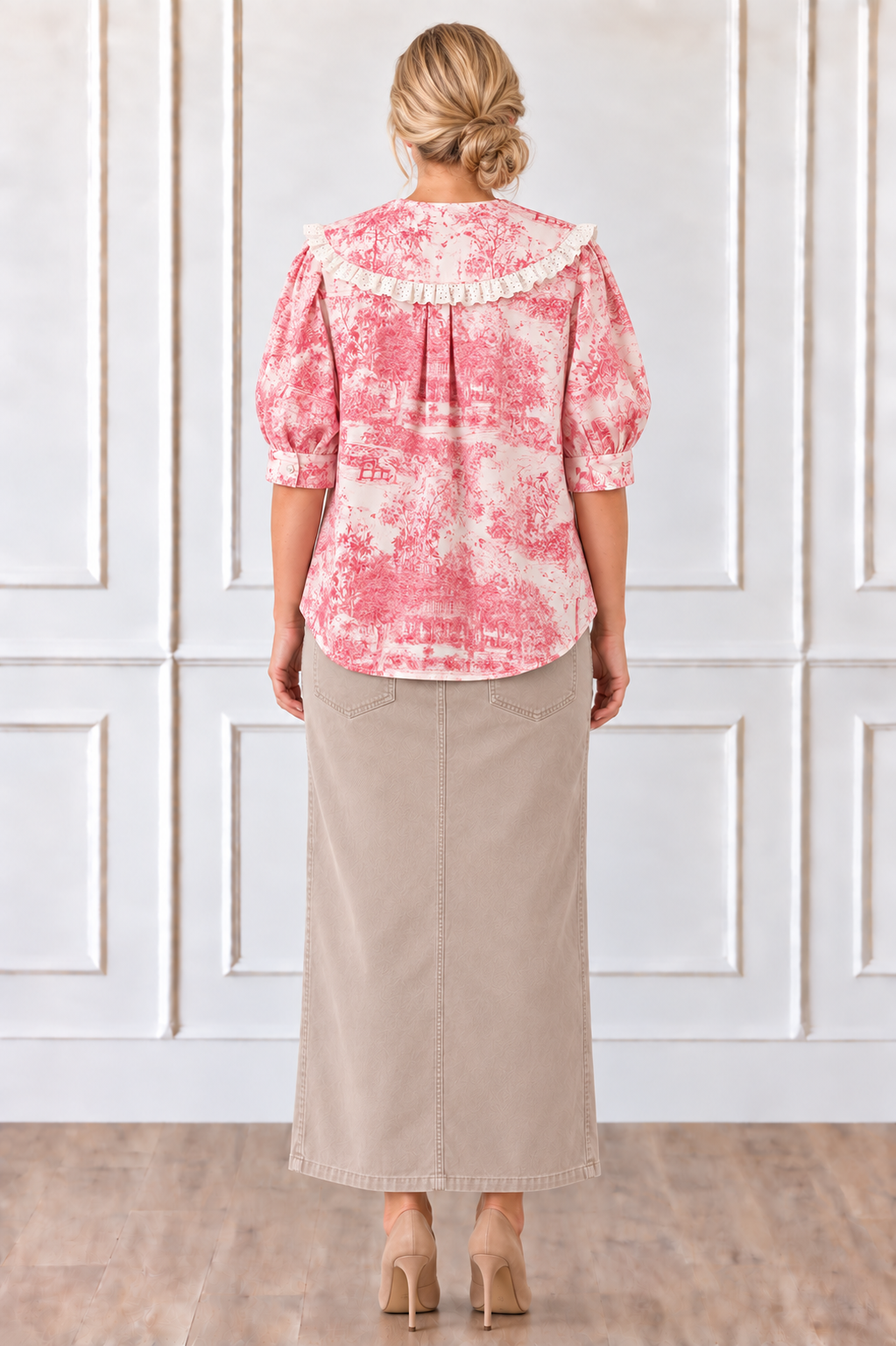 NEW!  Pink "Toile" Vintage Print Cotton Blouse:  S-L  Arriving in Stock: 9/15