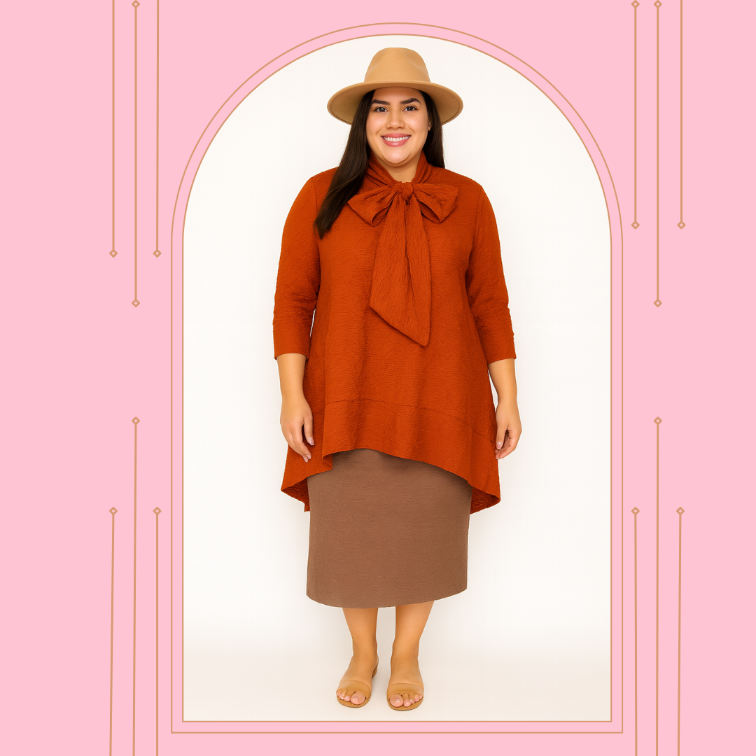 "Pumpkin" Textured Bow Top: 1X-3X