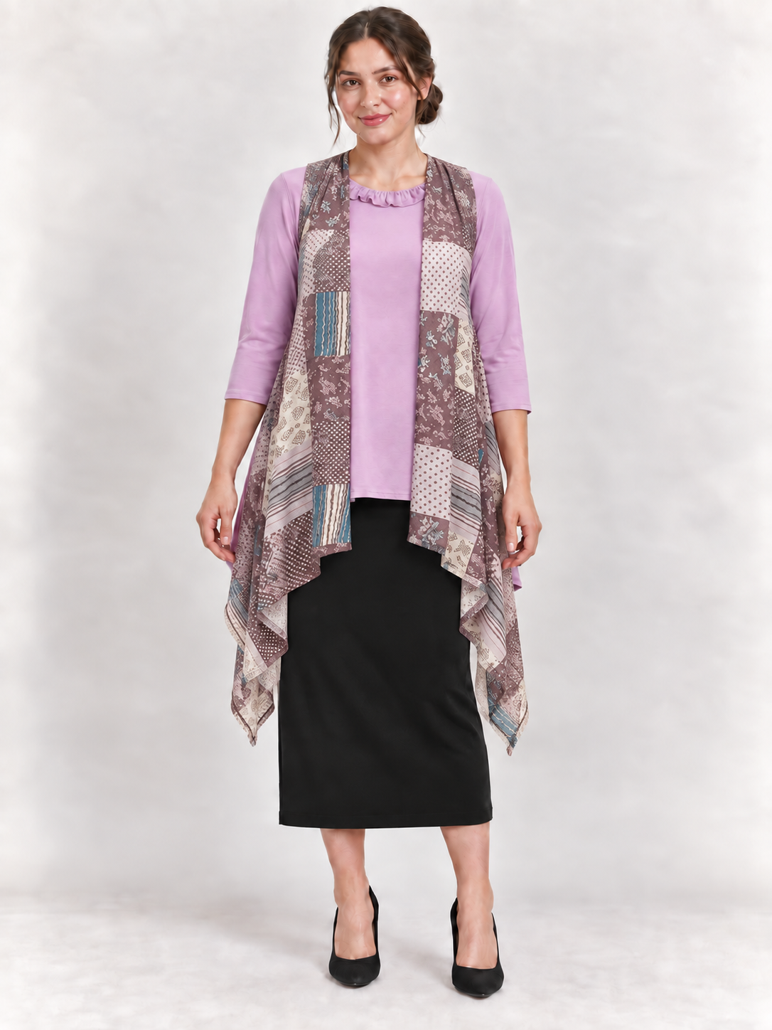 NEW! Plum/Tan "Patchwork" Long Vest (One Size Fits Most Up to 1X)