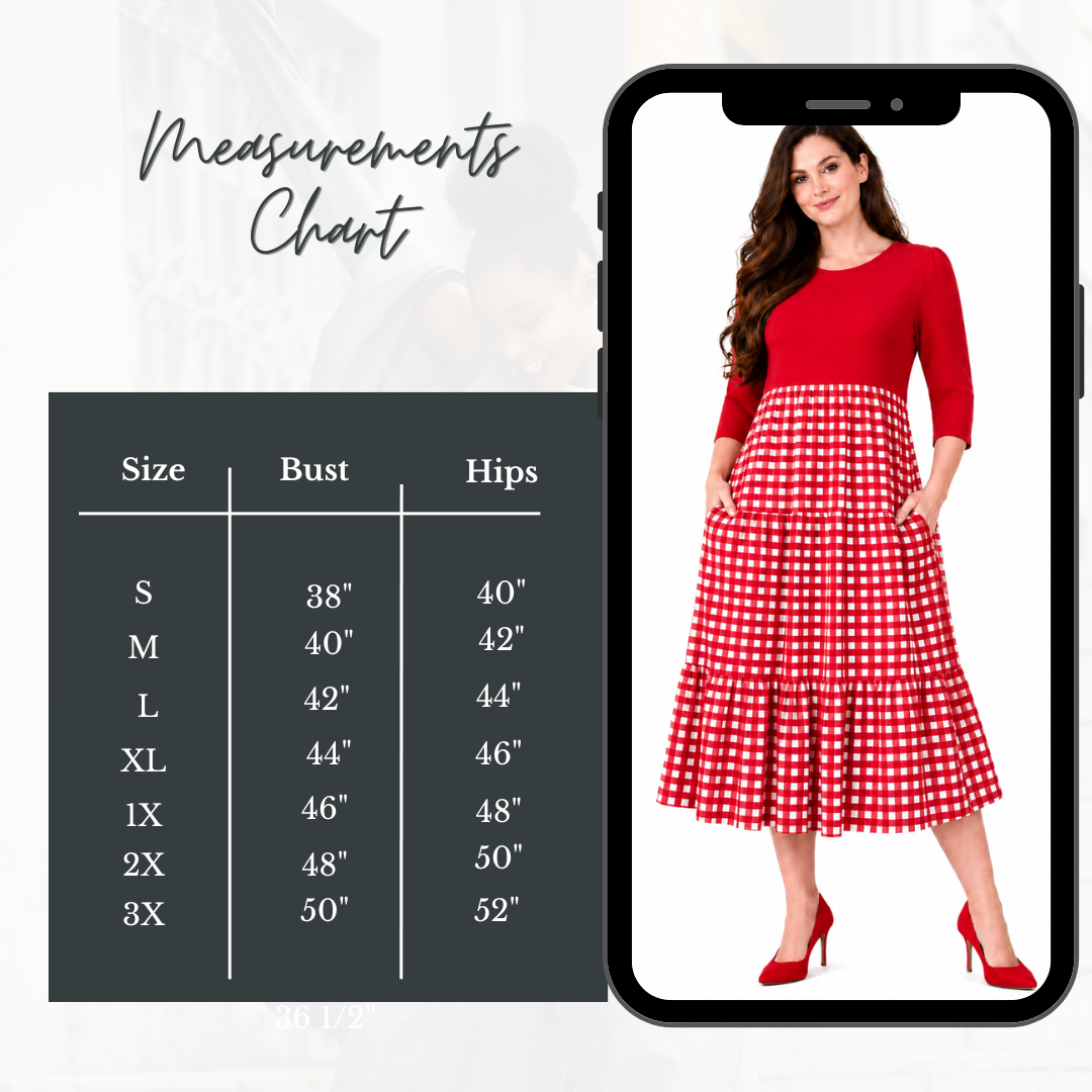 Pre-Order:  New! "Rebecca" Red/Check Dress: S-3X (Arriving Mid June)