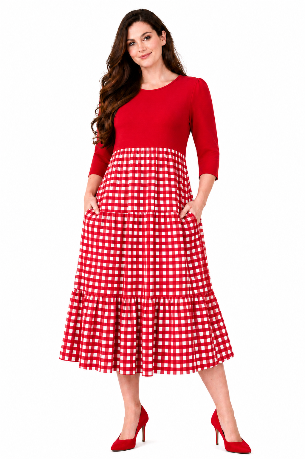 Pre-Order:  New! "Rebecca" Red/Check Dress: S-3X (Arriving Mid June)