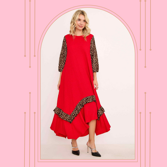 New! "Rebecca" Red/Leopard Dress: S-3X  Arriving in Stock: 9/26