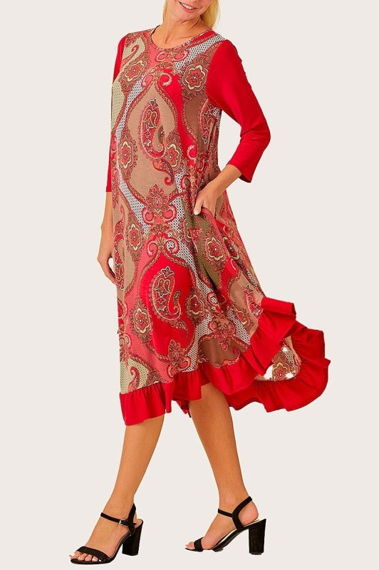 "Rhonda" Red Print Dress: Small