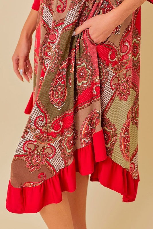 "Rhonda" Red Print Dress: Small