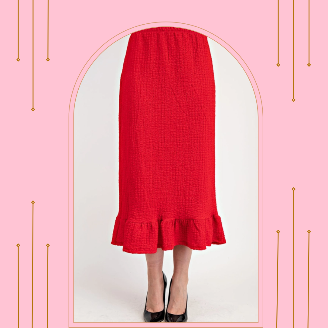 NEW! Red Ruffle Midi Skirt S-3X. Best Selling!