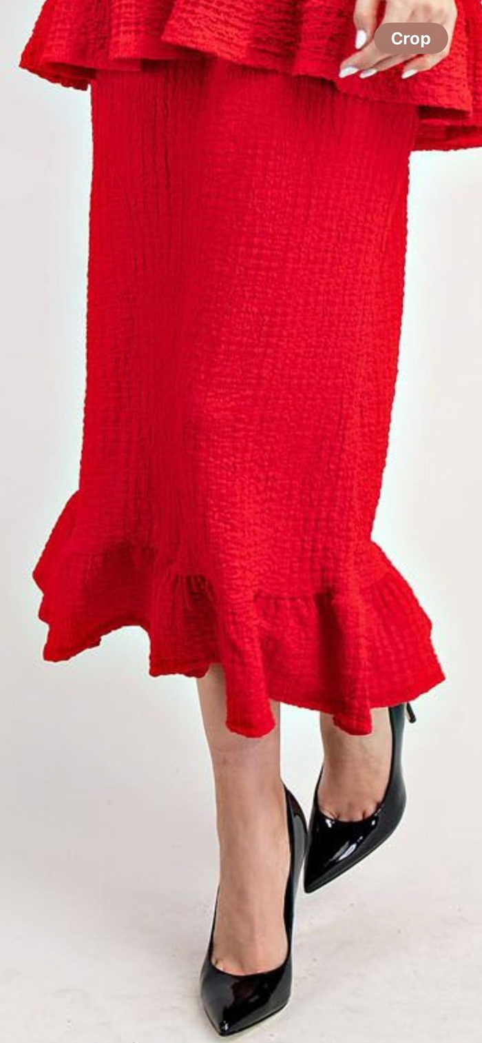 NEW! Red Ruffle Midi Skirt S-3X. Best Selling!