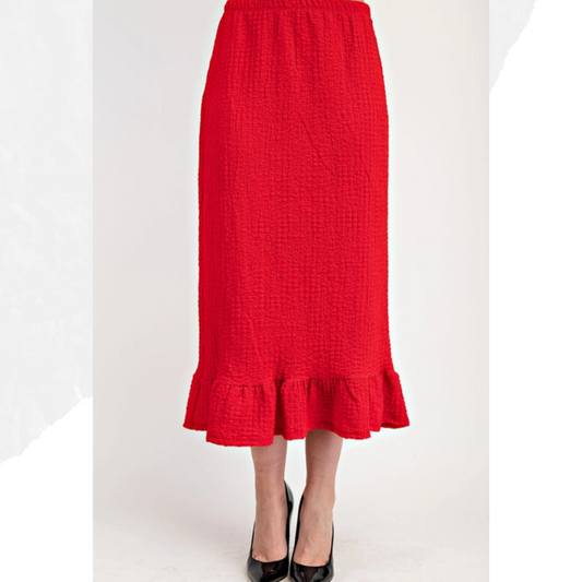 NEW! Red Ruffle Midi Skirt S-3X. Best Selling!