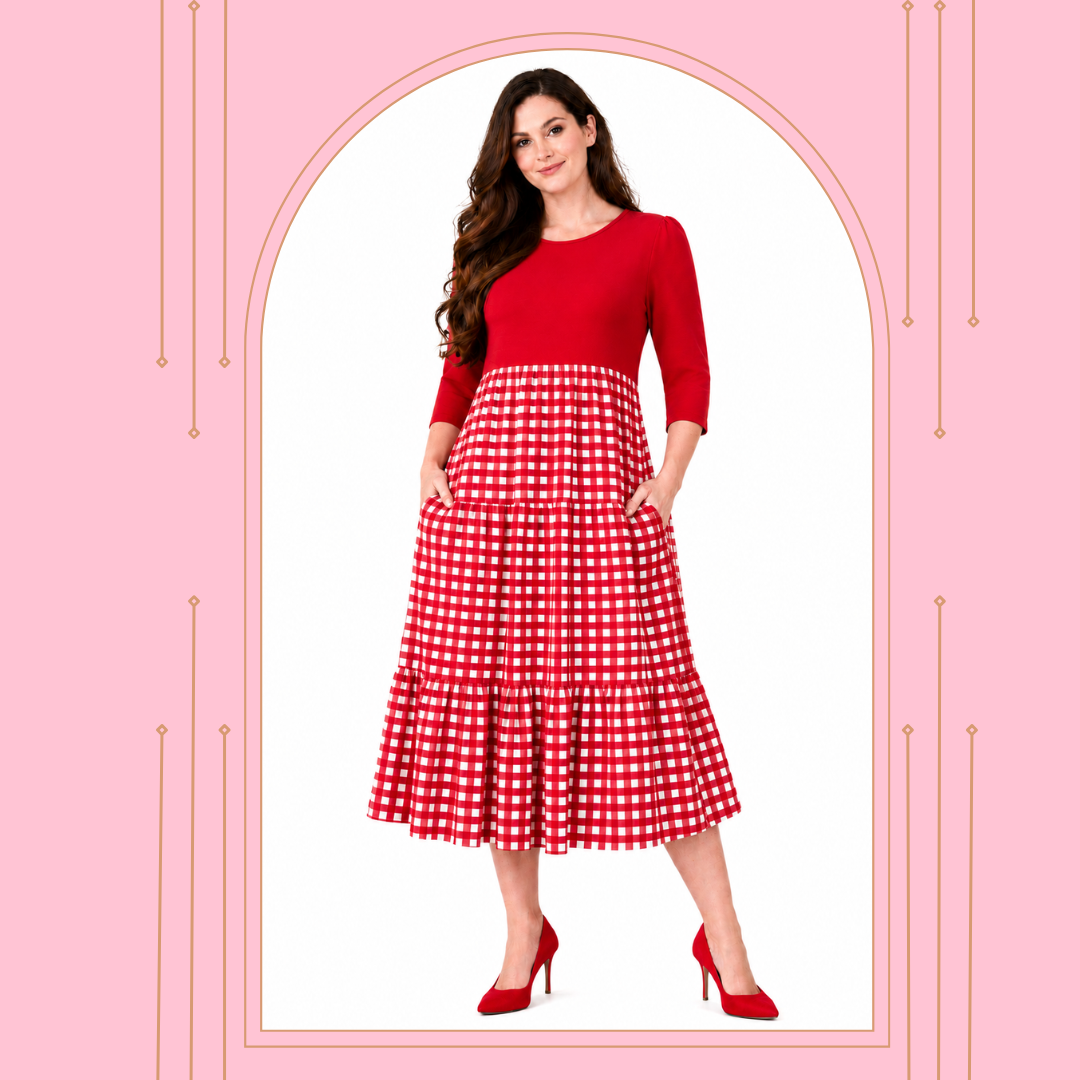 Pre-Order:  New! "Rebecca" Red/Check Dress: S-3X (Arriving Mid June)