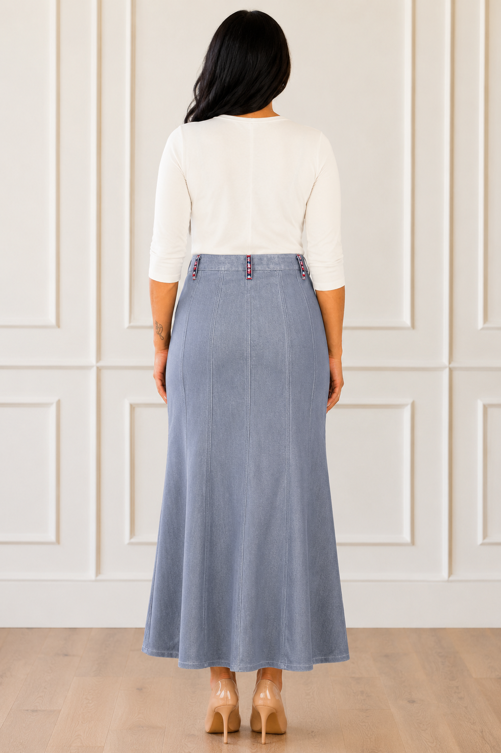 NEW! Silver "Fit & Flare" Maxi Jean Skirt: S-3X  Arriving in Stock: 9/3