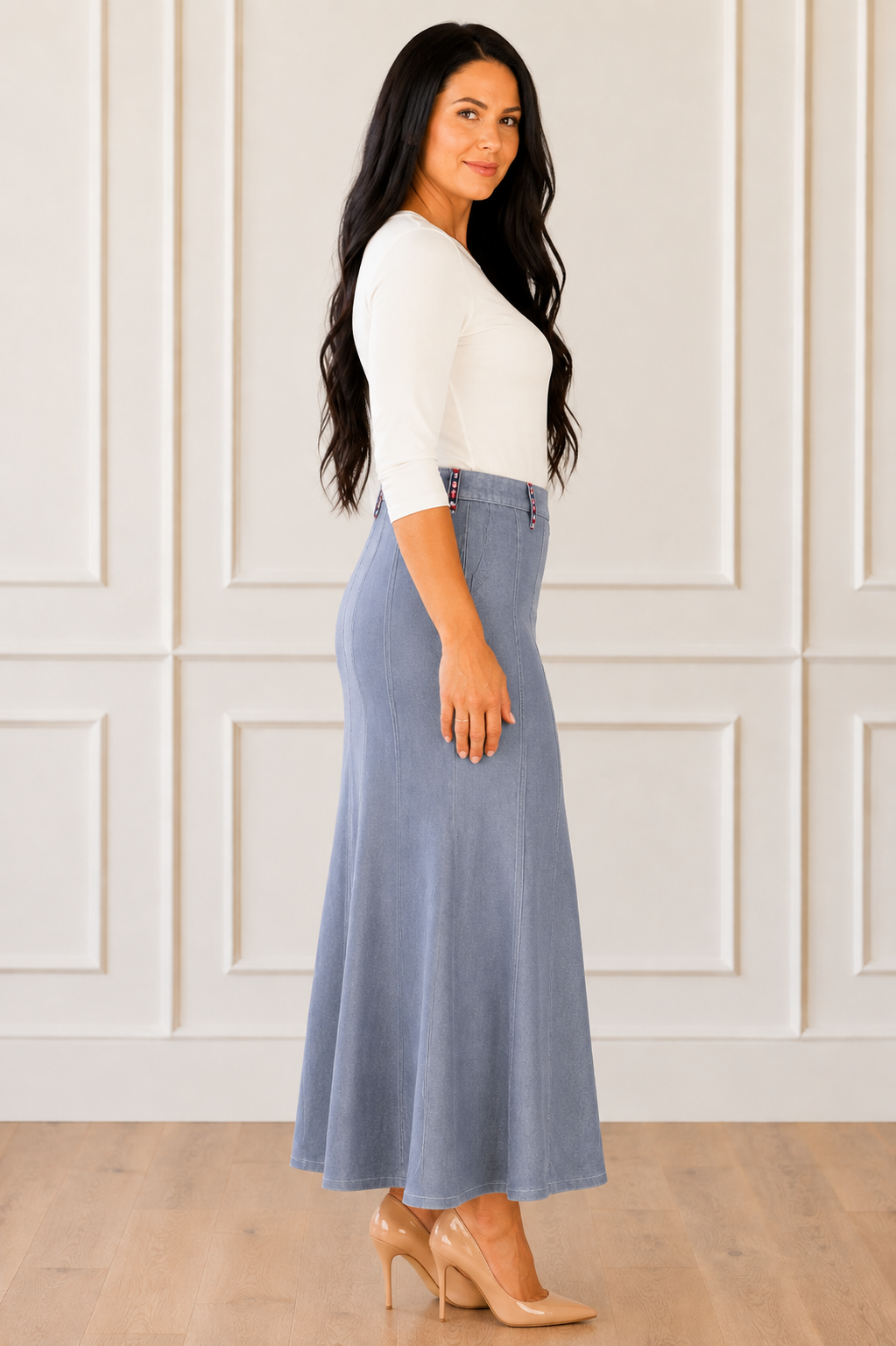 NEW! Silver "Fit & Flare" Maxi Jean Skirt: S-3X  Arriving in Stock: 9/3