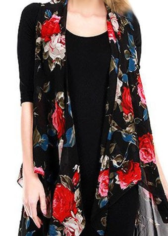 Black/Red Roses Chiffon Vest (Misses)